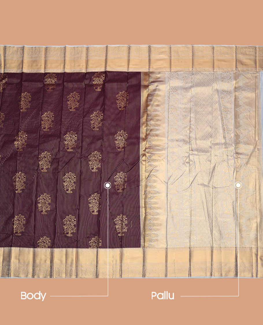 Maroon Budget Silk Saree, Adorned with Zari Buttas and Stripes, Contrast Traditional Zari Border, Jaal Pallu, and a Contrast Blouse