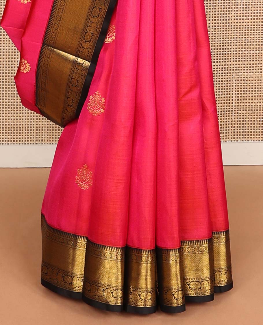 Pink zari buttas Kanchipuram korvai silk saree, contrast neer korvai border of rekku, muthu, laddu kamalam, neli, myil, and manga designs, and pallu of laddu kamalam designs