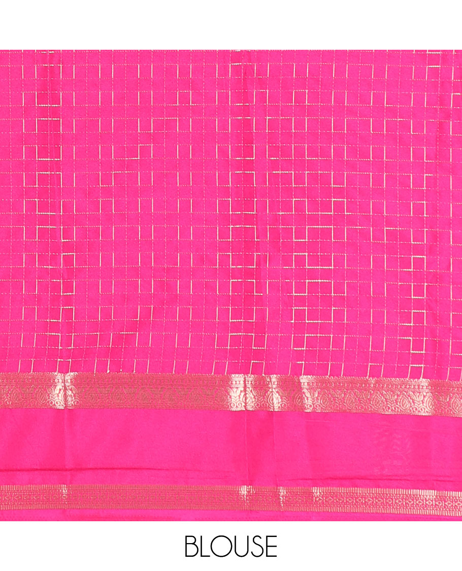 Violet maze geometric-patterned semi-mysore silk saree, contrast rettai pettu traditional zari border, intricate pallu, and a contrast geometric-patterned zari-bordered blouse