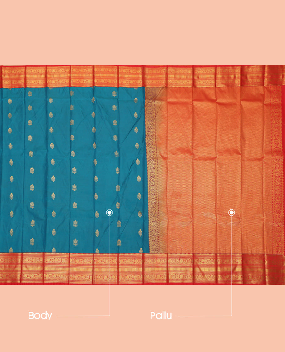 Blue Budget Silk Saree, Enthralled with Zari Buttas, Complemented by Contrast Traditional Zari Border, a Jaal Pallu and a Contrast Blouse