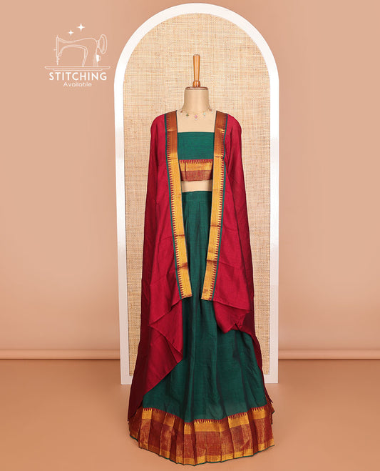 Bottle green cotton half saree with contrast traditional zari design border, zari design blouse & plain, zari design border dhavani