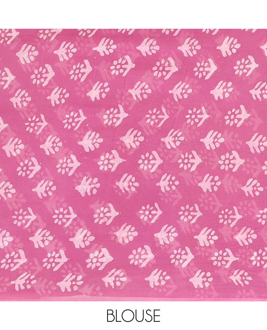 Pink leaf batik printed georgette saree, batik-printed striped border, floral-geometric batik printed pallu & batik printed blouse