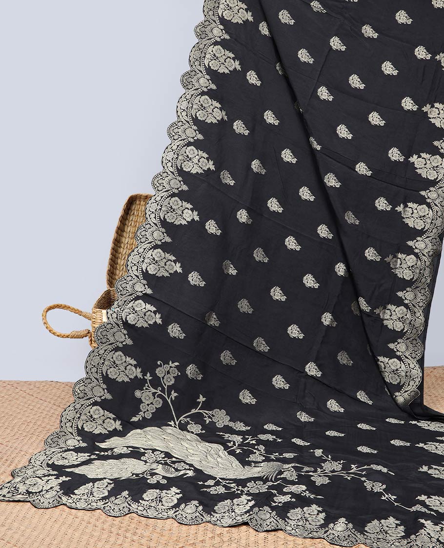 Black floral motifs semi-banaras dola silk saree with scallop border & peacock design pallu