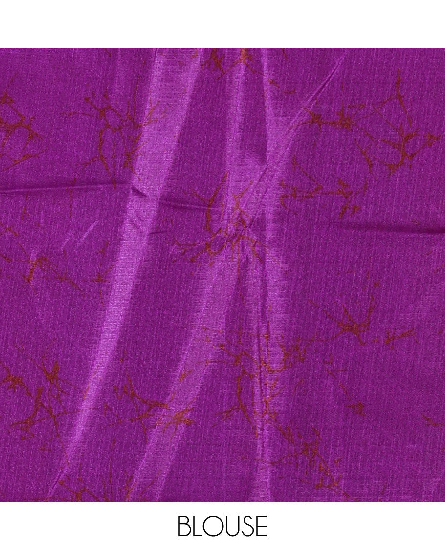 Mustard batik printed art Khadi cotton saree, batik printed border, batik printed pallu, and a contrast batik printed blouse