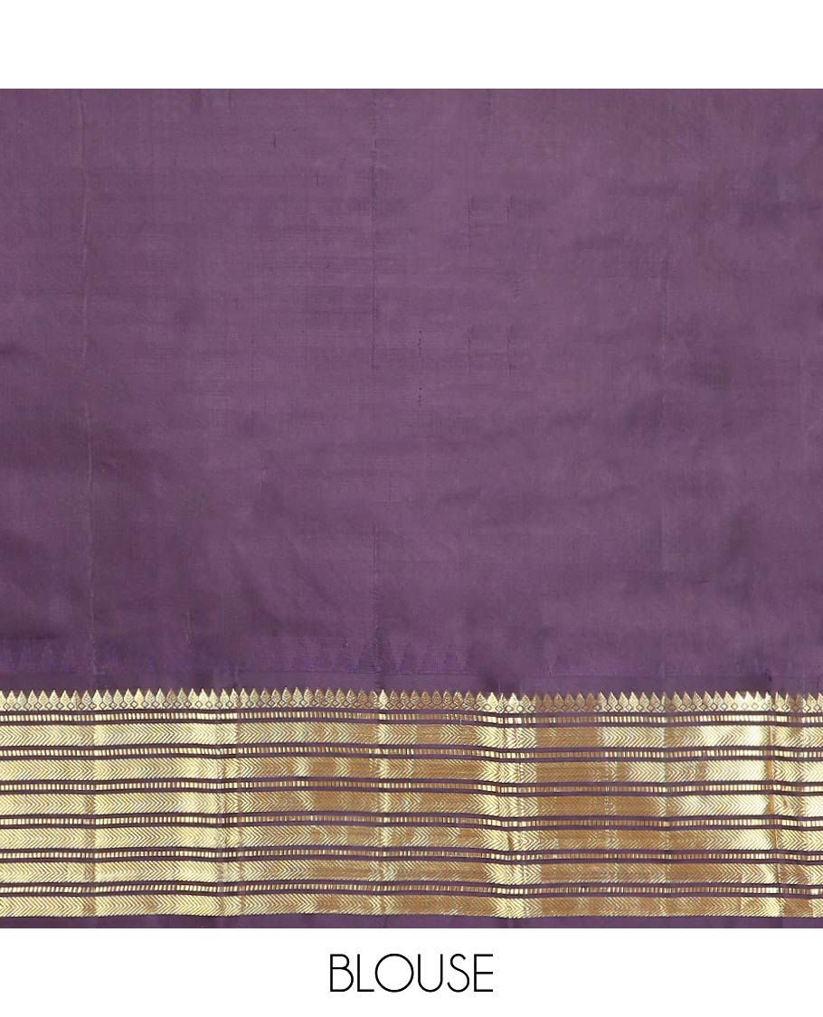 Peach buttas silk saree with contrast border of rekku, thilakam mokku, muthu, kathir design & floral enclosed checked design pallu