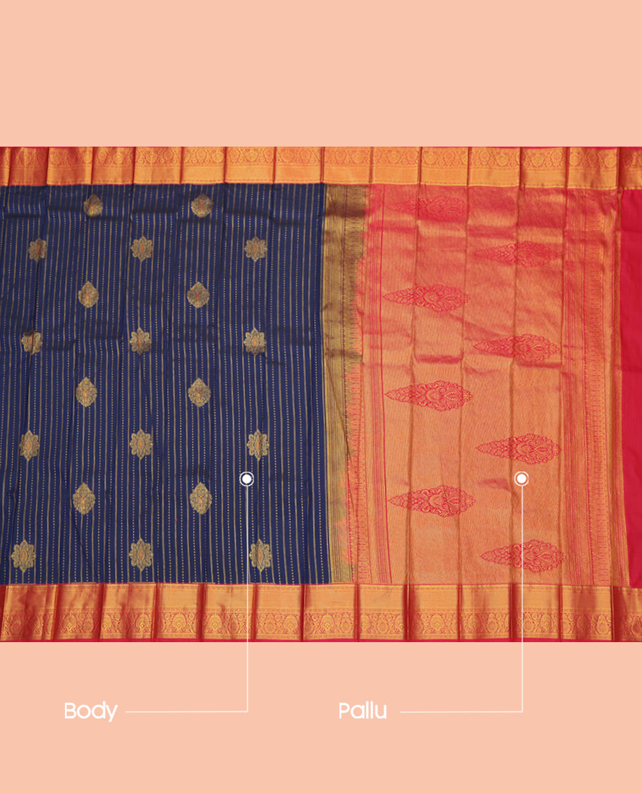 Navy Blue Budget Silk Saree, Graced with Zari Buttas and Stripes, a Contrast Traditional Zari Border, Grand Pallu, and a Contrast Blouse