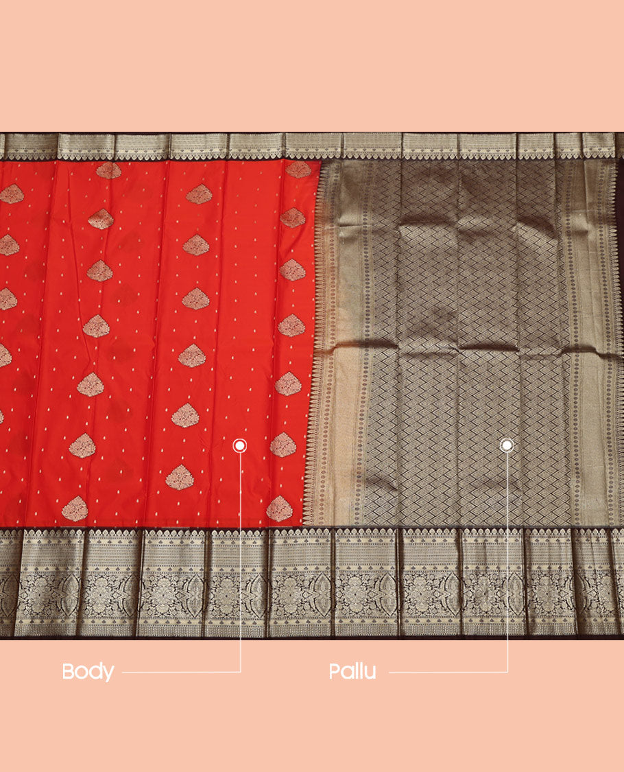 Red Budget Silk Saree, Elevated with Zari Butta  on Its Body, Complemented by a Contrast Traditional Zari Design Border, Grand Jaal Pallu, and Paired with a Contrast Blouse