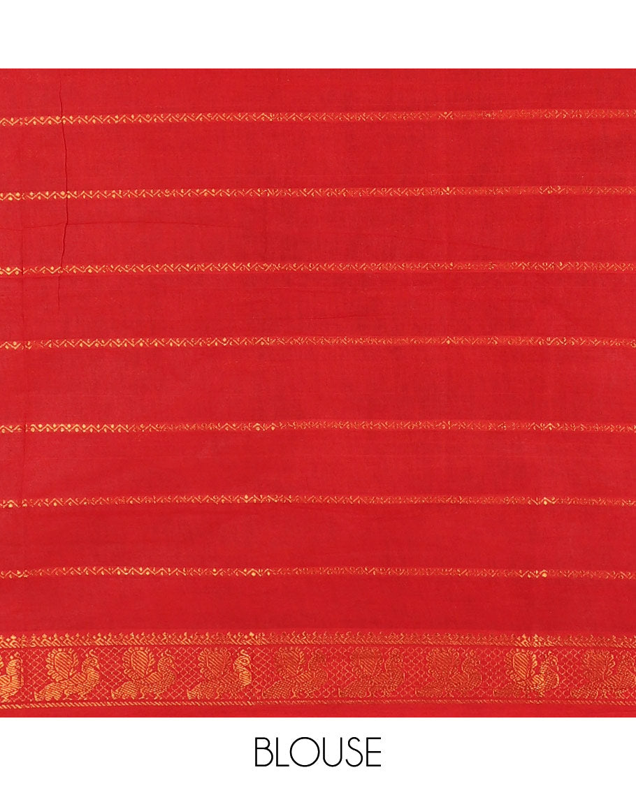 Green veldhari zari striped Sungudi cotton saree, contrast peacock zari motif border, zari striped pallu, and contrast zari design blouse