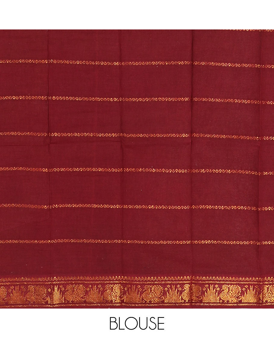 Pink and maroon zari checked Sungudi cotton saree, contrast peacock motifs zari border, checked pallu, and contrast checked blouse