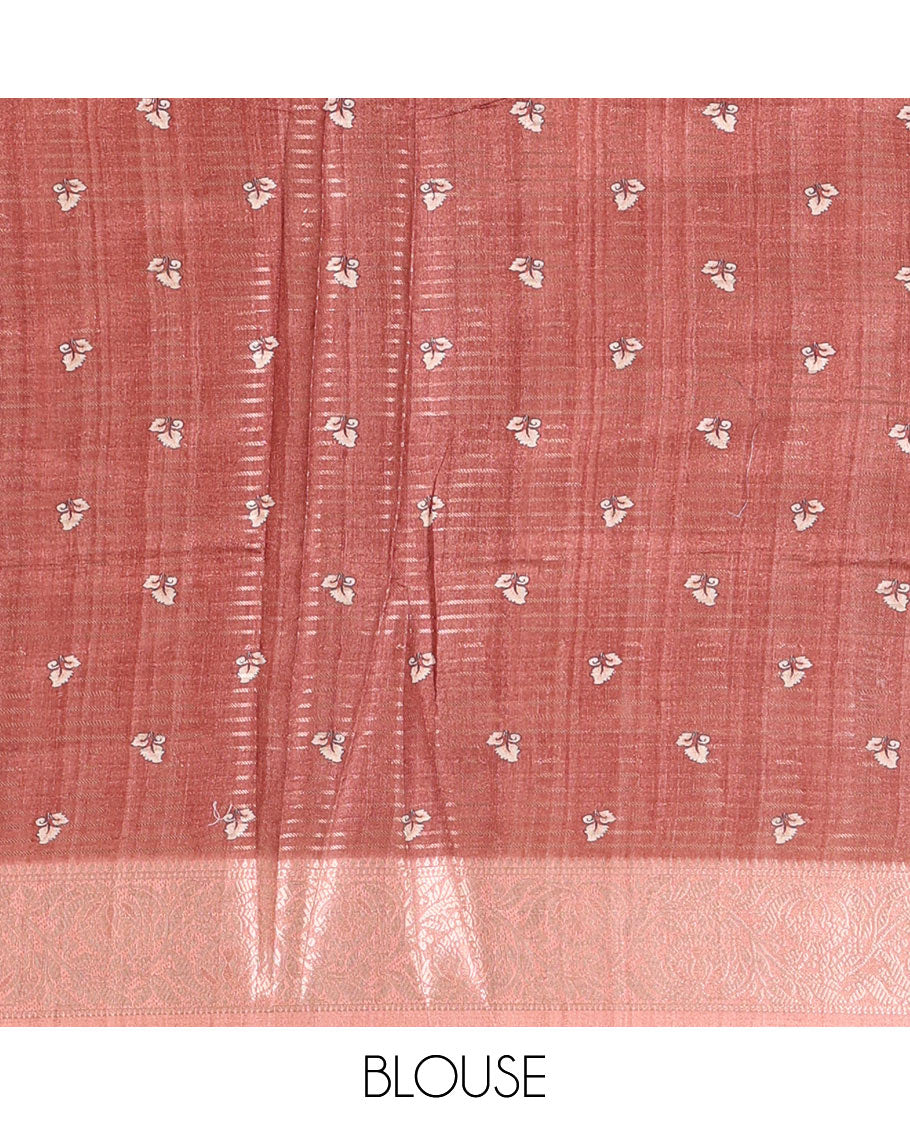 Brown tri-ombre colored zari stripes, and kalamkari peacock printed semi-tussar saree, contrast floral creeper zari border, peacock printed pallu, and a contrast blouse of zari and print work