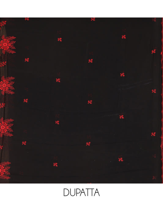 Black-Red Georgette Material Churidar Features Floral Buttas Embroidered Top, a Plain Bottom, Thread Embroidered Dupatta