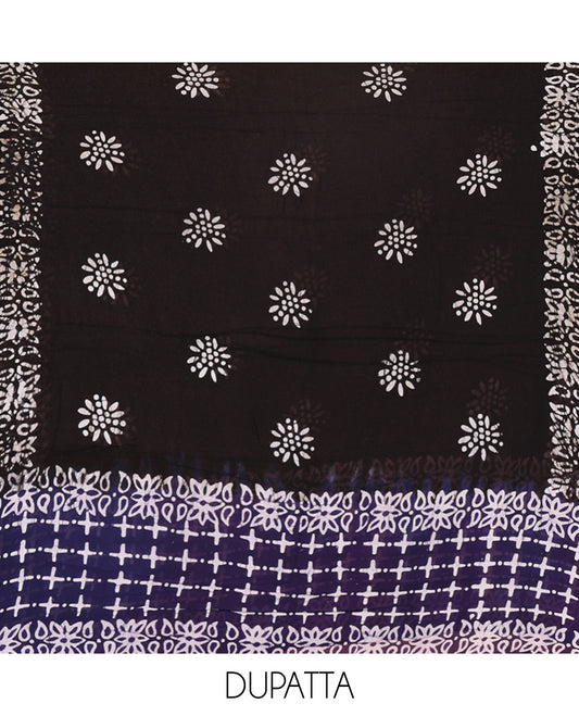 Black and Blue Material Chudidhar Set, Decked Up with Batik-Style Printed Viscose Georgette Top, Rayon Batik Printed Bottom, and Viscose Georgette Dupatta of Batik Print