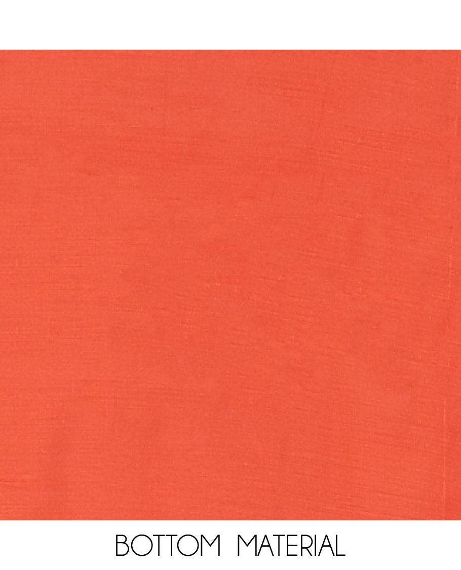 Orange Material Churidar Set, Bedecked up with Plain Vichitra Silk Top, Comes with a Plain Santoon Bottom, and Is Paired with a Crushed Chiffon Dupatta of Floral Print and Mirror Work