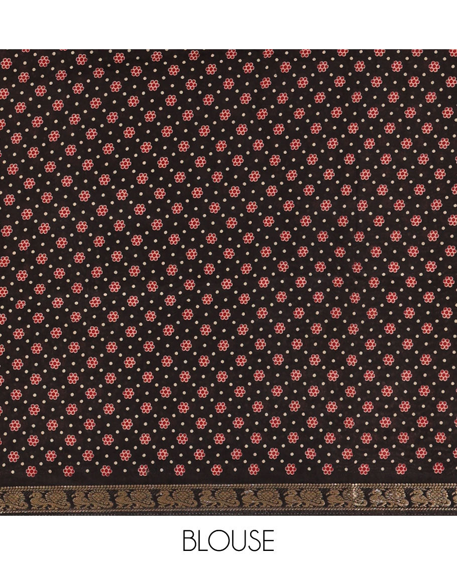 Maroon diamond patterns Shibori-style printed muslin cotton saree, contrast elephant motifs printed border, batik elephant motifs pallu & contrast flower buttas printed blouse