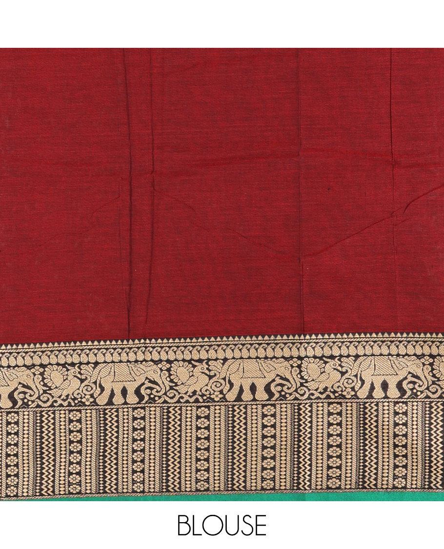 Maroon plain mercerised cotton saree, contrast traditional motifs thread woven border, striped pallu, and a matching blouse