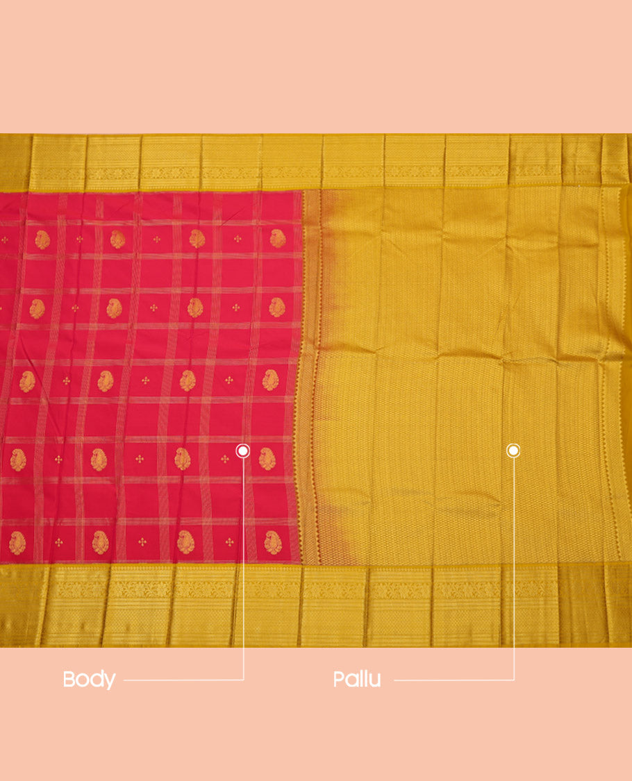 Red Budget Silk Saree, Woven with Zari Butta Enclosed Checks, Complemented by Contrast Traditional Zari Border, Grand Pallu and a Contrast Blouse