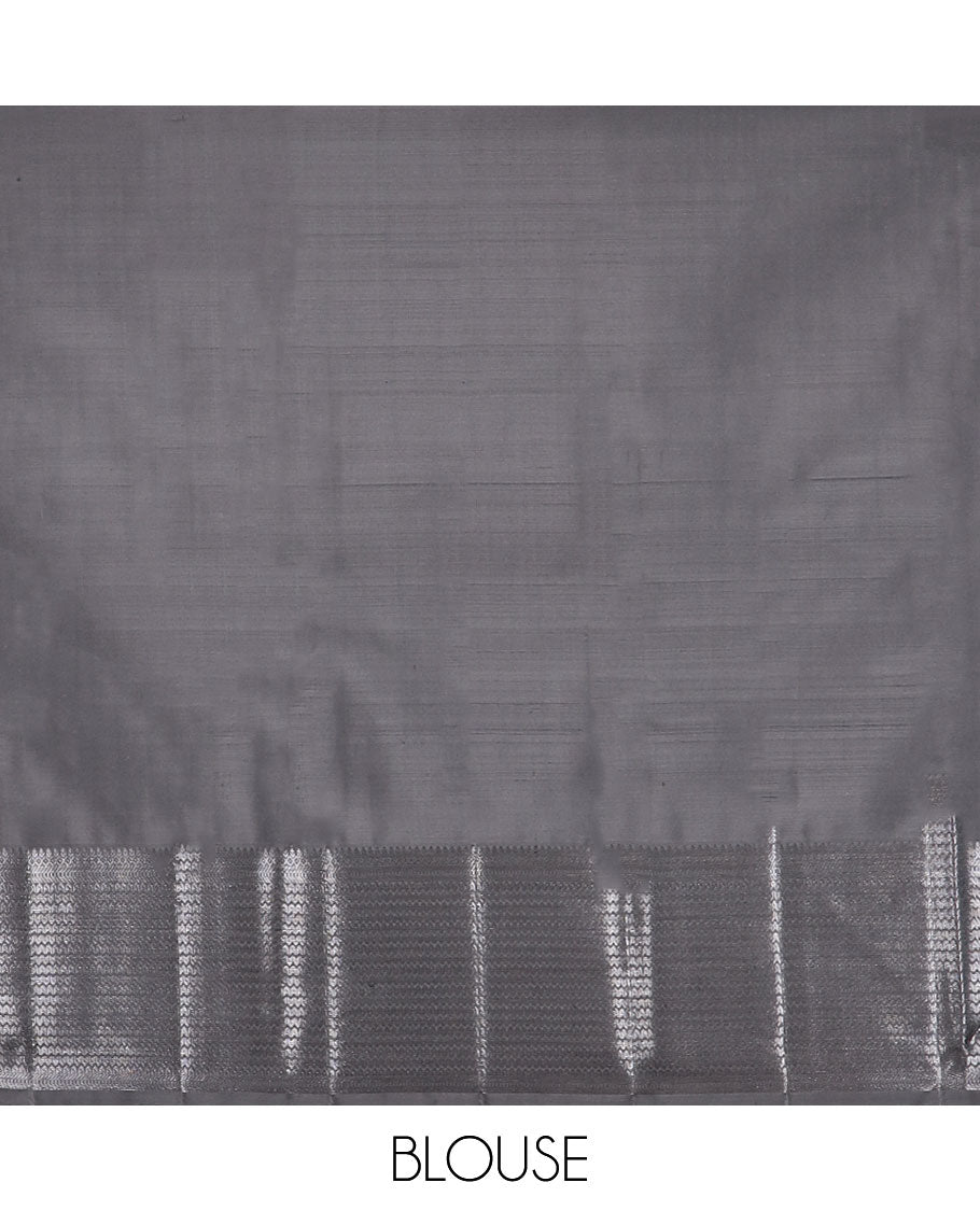 Black buttas kancheepuram silk saree with self border of thilakam mokku, muthu, banaras design & zari design pallu