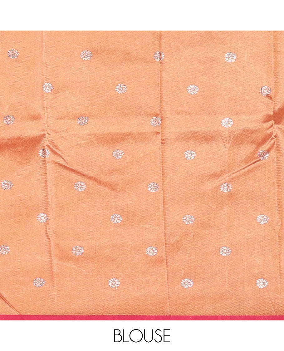 Peach zari & thread buttas woven tissue silk saree, contrast muniya temple border, paithani-style design pallu & contrast zari buttas blouse