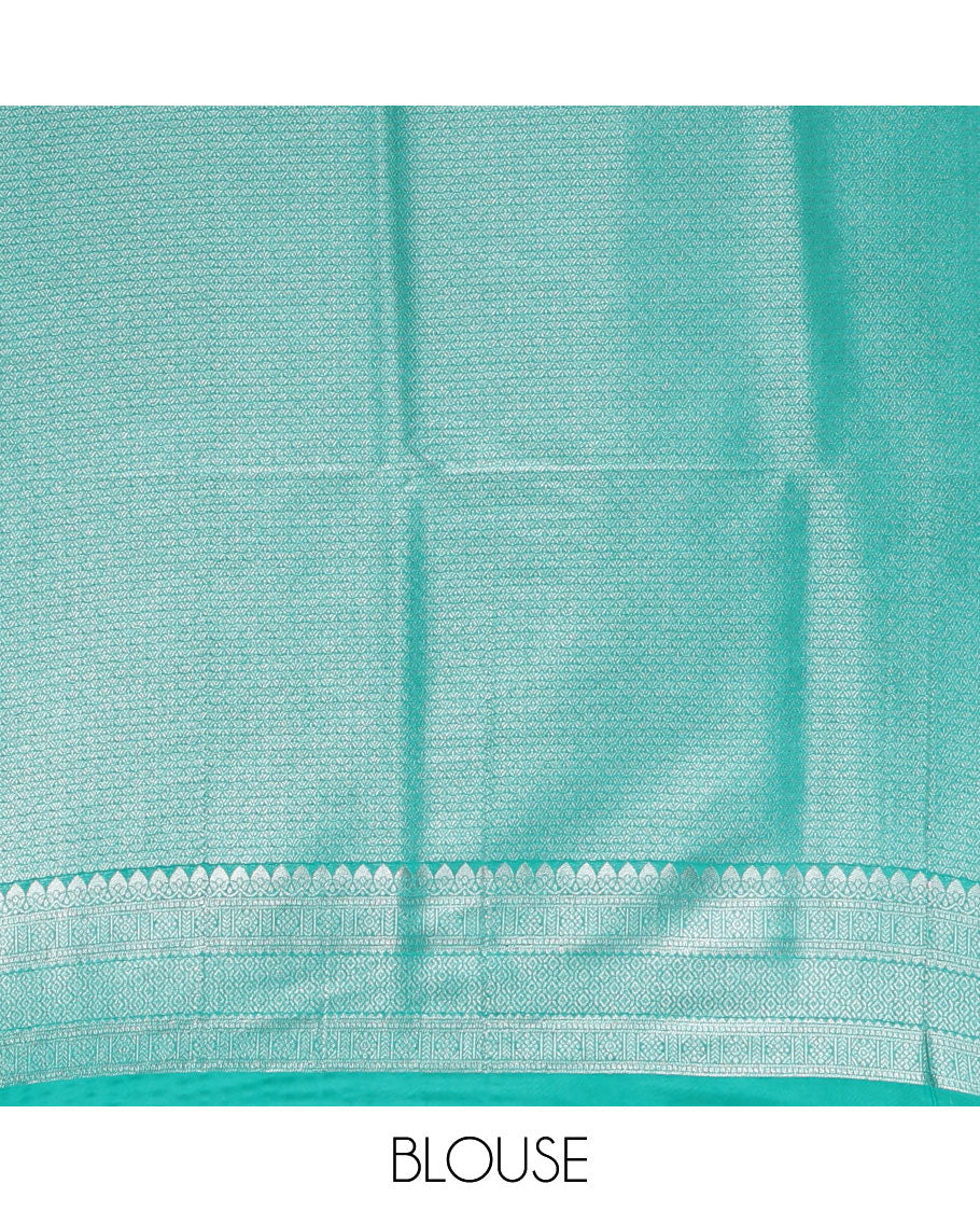 Turquoise mango-design jamdani zari body softy saree, self-traditional zari border, rich pallu & matching blouse