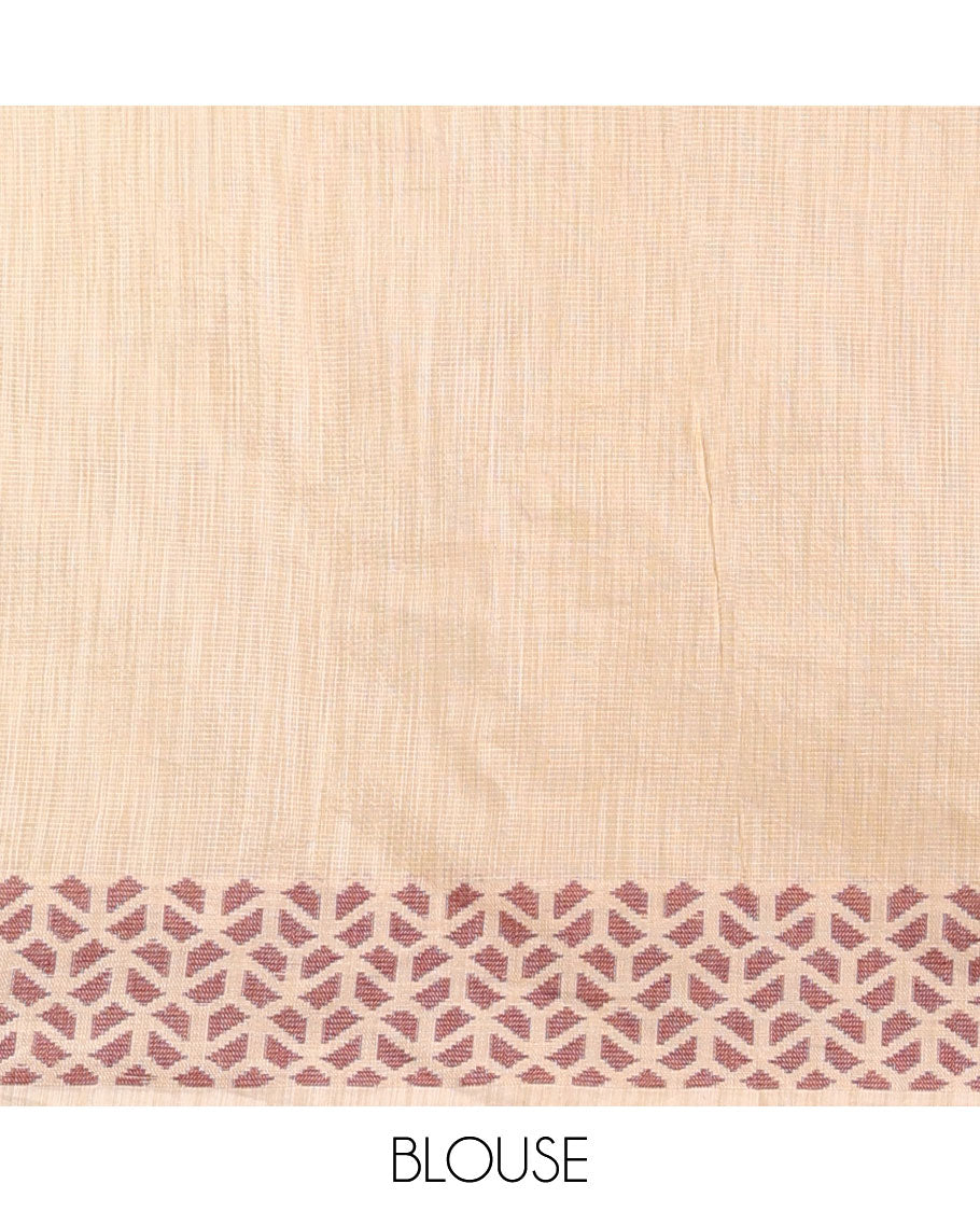 Cream with purple thread weaving design banaras kota checks saree, geometric thread border & plain pallu along with plain blouse