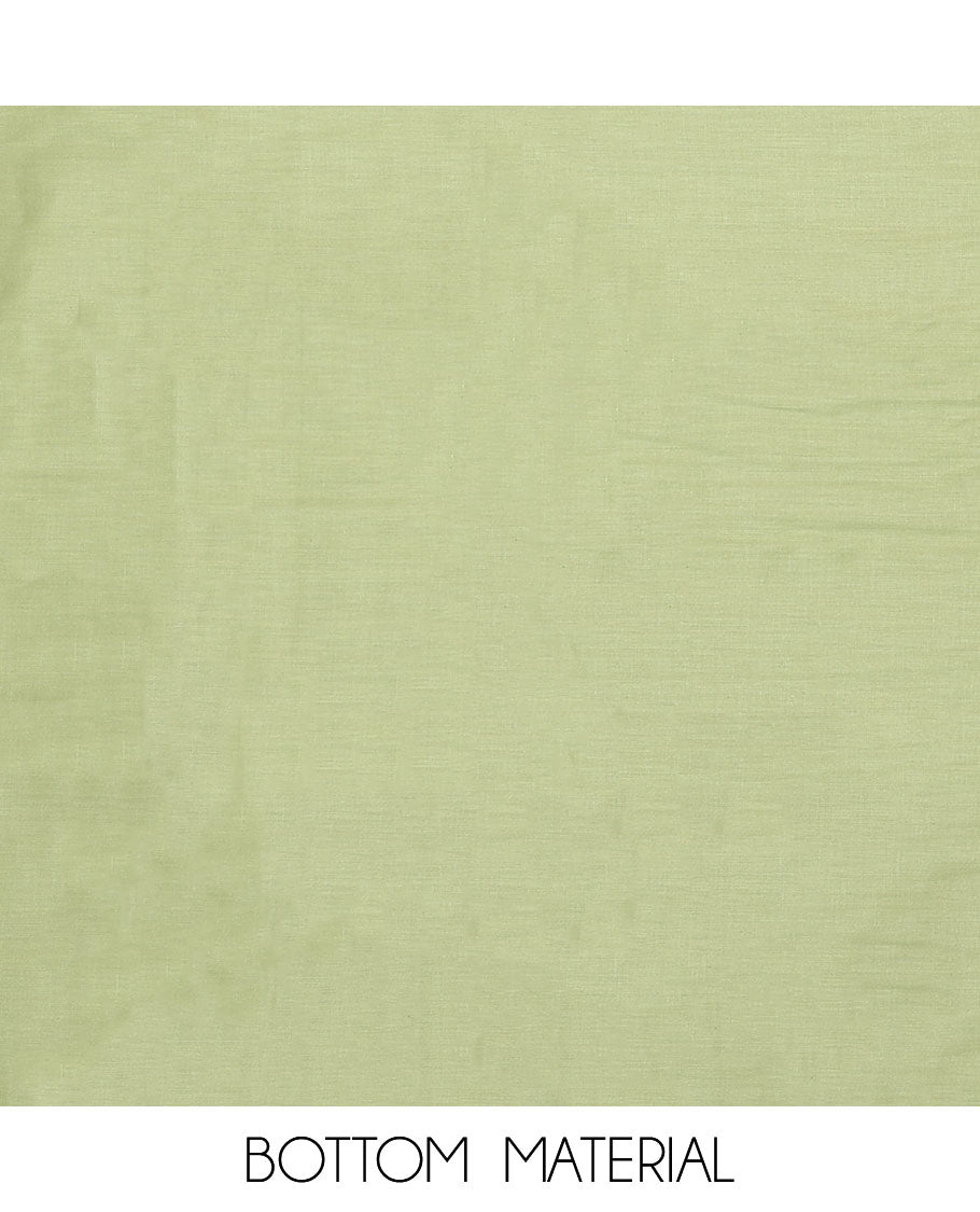 Cream chudidhar material set, geometric design top, green plain bottom & floral zari design dupatta