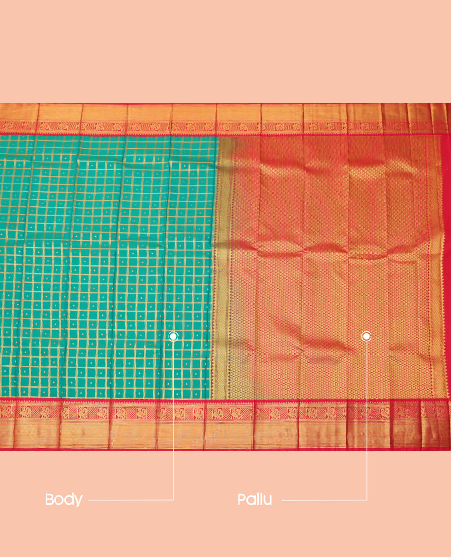 Blue Budget Silk Saree, Woven with Zari Butta Enclosed Checks, a Contrast Traditional Zari Border, Grand Pallu, and a Contrast Blouse