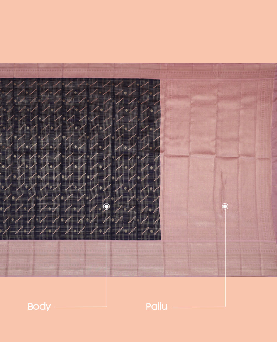 Black Litchi Saree, Richly Detailed with Zari Buttas and Checks, a Contrast Traditional Zari Border, Grand Pallu, and a Contrast Blouse