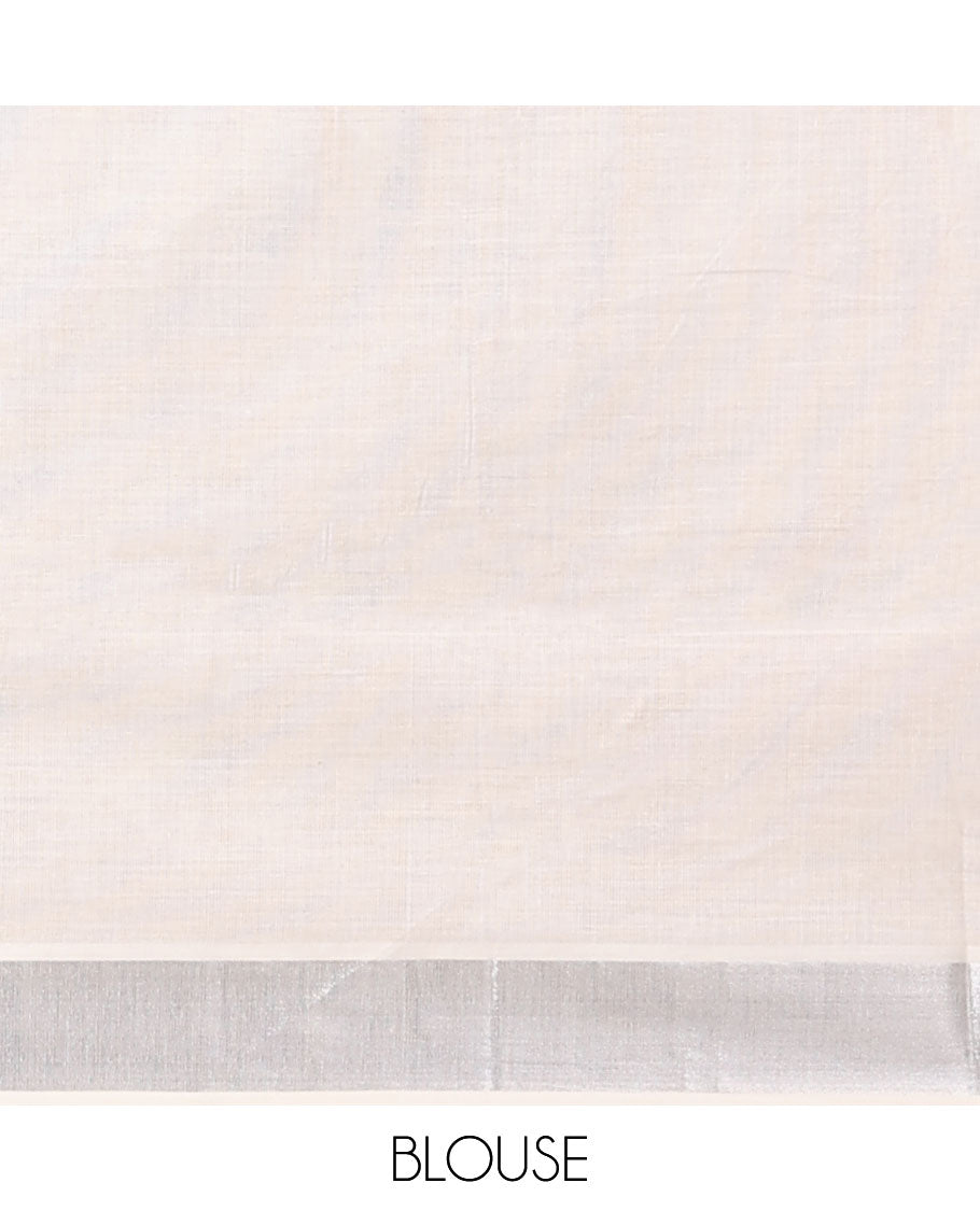 Cream peacock embroidered motifs kerala saree, plain border & pallu of peacock embroidery