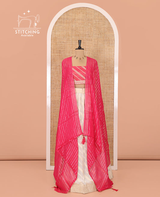 Cream-Rani Pink Semi-Banarasi Half-Saree Features Leheriya Striped Skirt, Contrast Leheriya Striped Blouse, Georgette Striped Dhavani