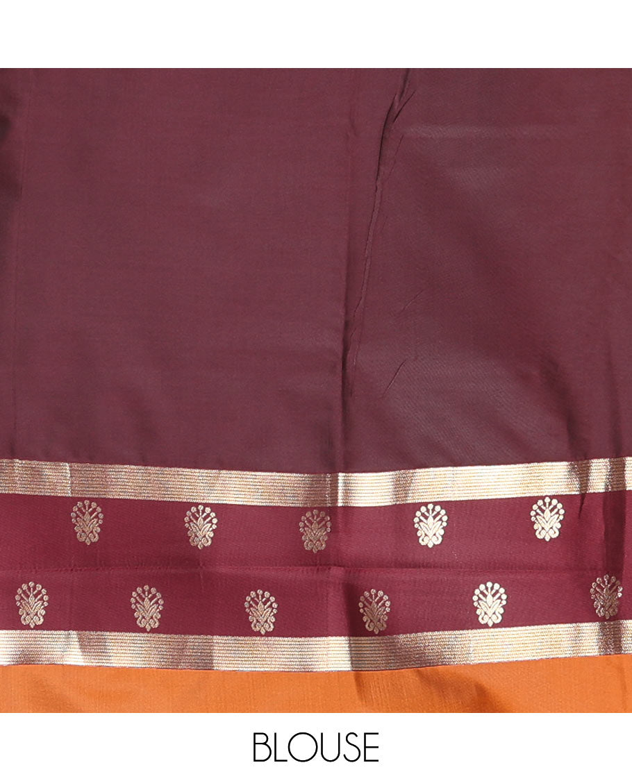 Rust zari buttas soft silk saree, contrast zari border of intricate designs, zari-rich jaal pallu, and a contrast zari design blouse