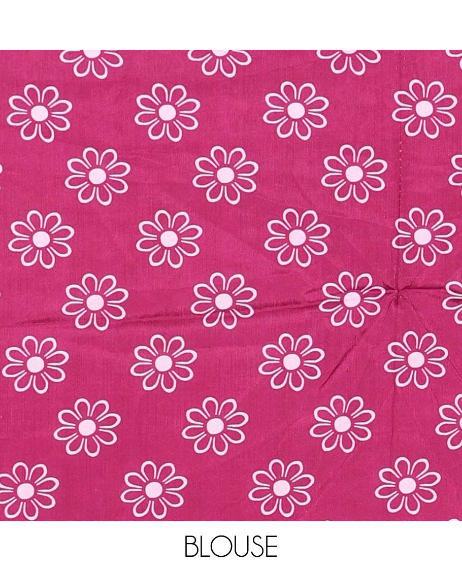 Light pink floral design half saree with contrast border, floral design blouse & floral design dhavani