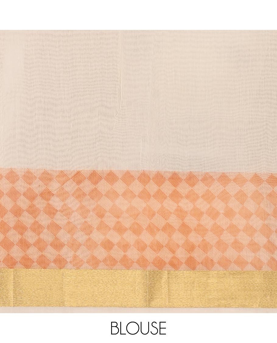 Cream with orange kerala cotton saree , diamond style printed with gold zari tissue bawanchi border & diamond design printed pallu with plain blouse