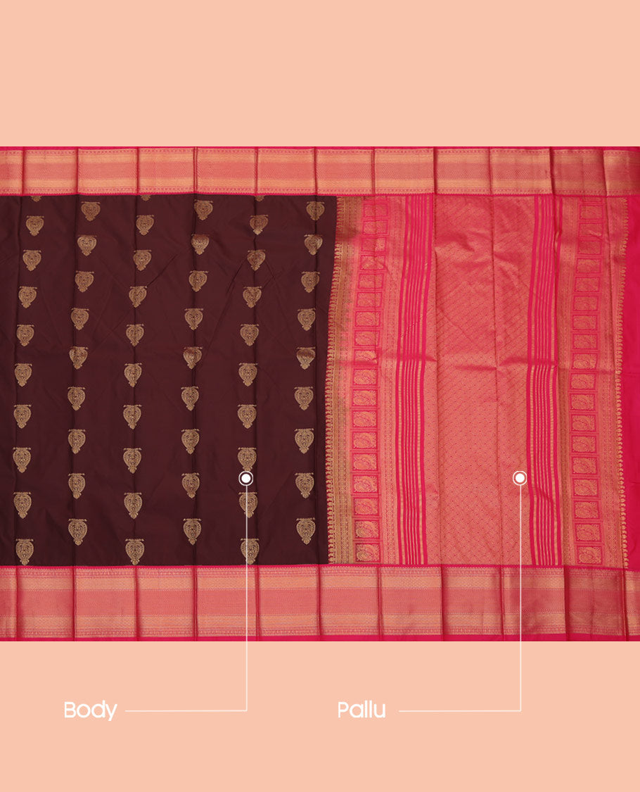 Maroon Budget Silk Saree, Spotlighted with Zari Buttas, a Contrast Traditional Zari Border, Grand Pallu, and a Contrast Blouse