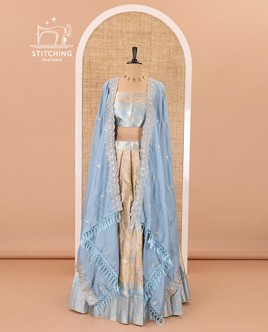 Fawn banarasi half-saree, floral jaal thread weave with contrast floral thread bordered skirt, a matching blouse, and scallop embroidered dhavani with belt