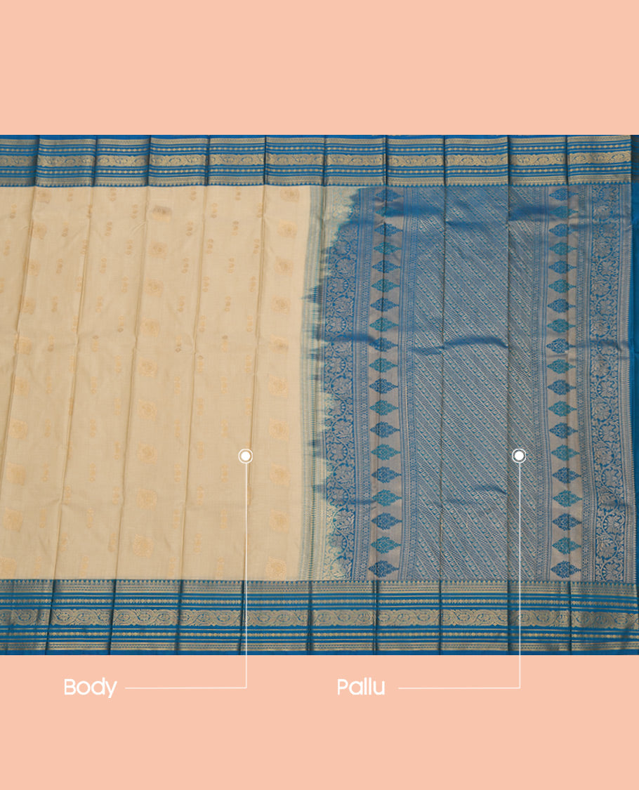 Sandal Budget Silk Saree, Subtly Sparkled with Zari Buttas All Over Its Body, Complemented by a Contrast Traditional Zari Border, Grand Pallu, and Paired with a Contrast Blouse