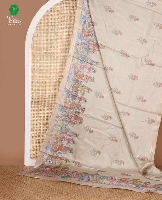 Chikku human motifs printed semi-tussar saree, zari chevron border, pallu of pichwai cow & human figurines, & pichwai printed blouse