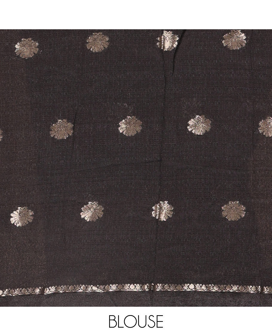 Black floral zari buttas viscose khadi silk saree, traditional zari satin border, floral zari buttas woven pallu, and a matching zari design blouse