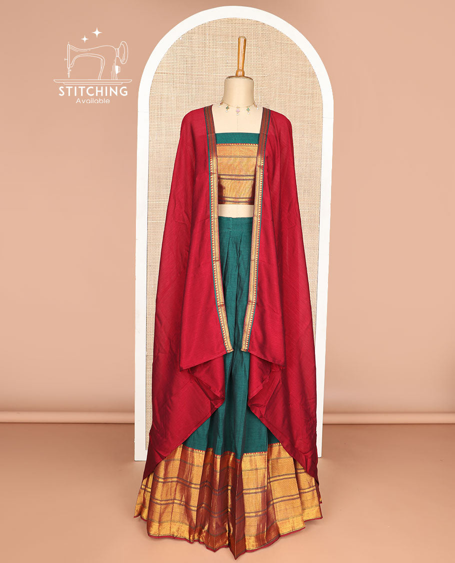 Green cotton half saree with geometric design border, zari design blouse & zari design border dhavani