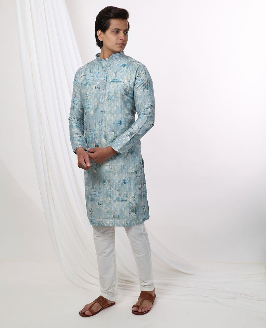 Light blue abstract design mandarin collar & full-sleeve long raw silk kurta 