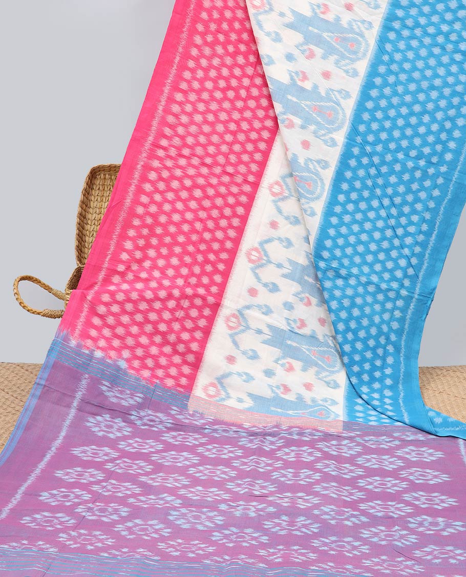 multi colored intricate design , motifs ikkat cotton saree & self border & geometric design pallu