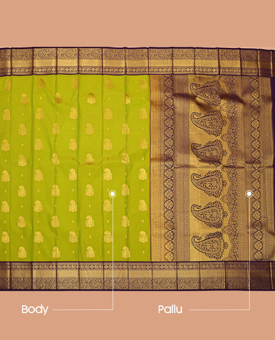 Green Budget Silk Saree, Embellished with Zari Buttas All Over Its Body, Complemented by a Contrast Traditional Zari Border of Peacock Designs, Pallu of Paisley Designs, and Paired with a Contrast Blouse