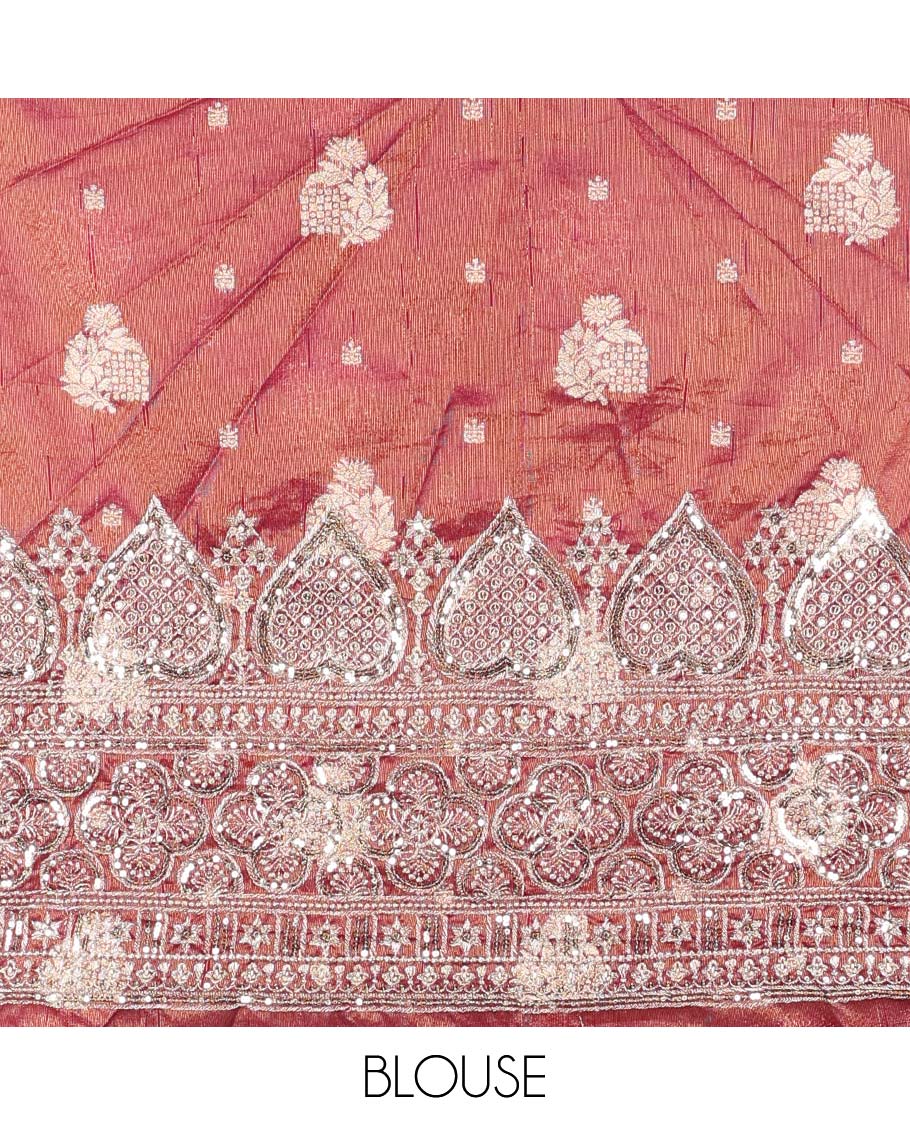 Brown floral stone embroidered half saree contrast stone embroidered border , zari design blouse & intricate stone embroidery dhavani