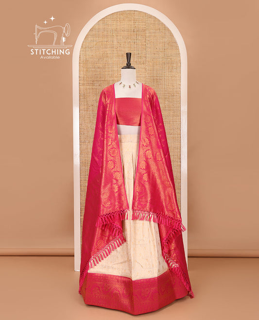 Cream-rani pink half-saree, zari jacquard & contrast traditional zari border banaras softy skirt, semi-banaras jacquard blouse & contrast zari design blouse