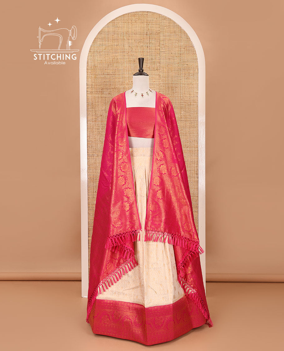Cream-rani pink half-saree, zari jacquard & contrast traditional zari border banaras softy skirt, semi-banaras jacquard blouse & contrast zari design blouse