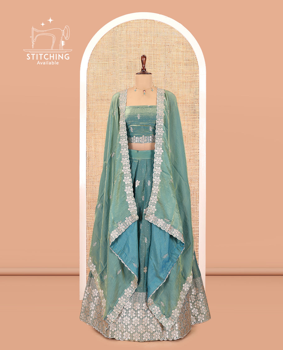 Firozi Blue Fendi Organza Half-Saree, Butta Embroidered Skirt, Floral Embroidered Border, a Matching Blouse, an Embroidered Dhavani