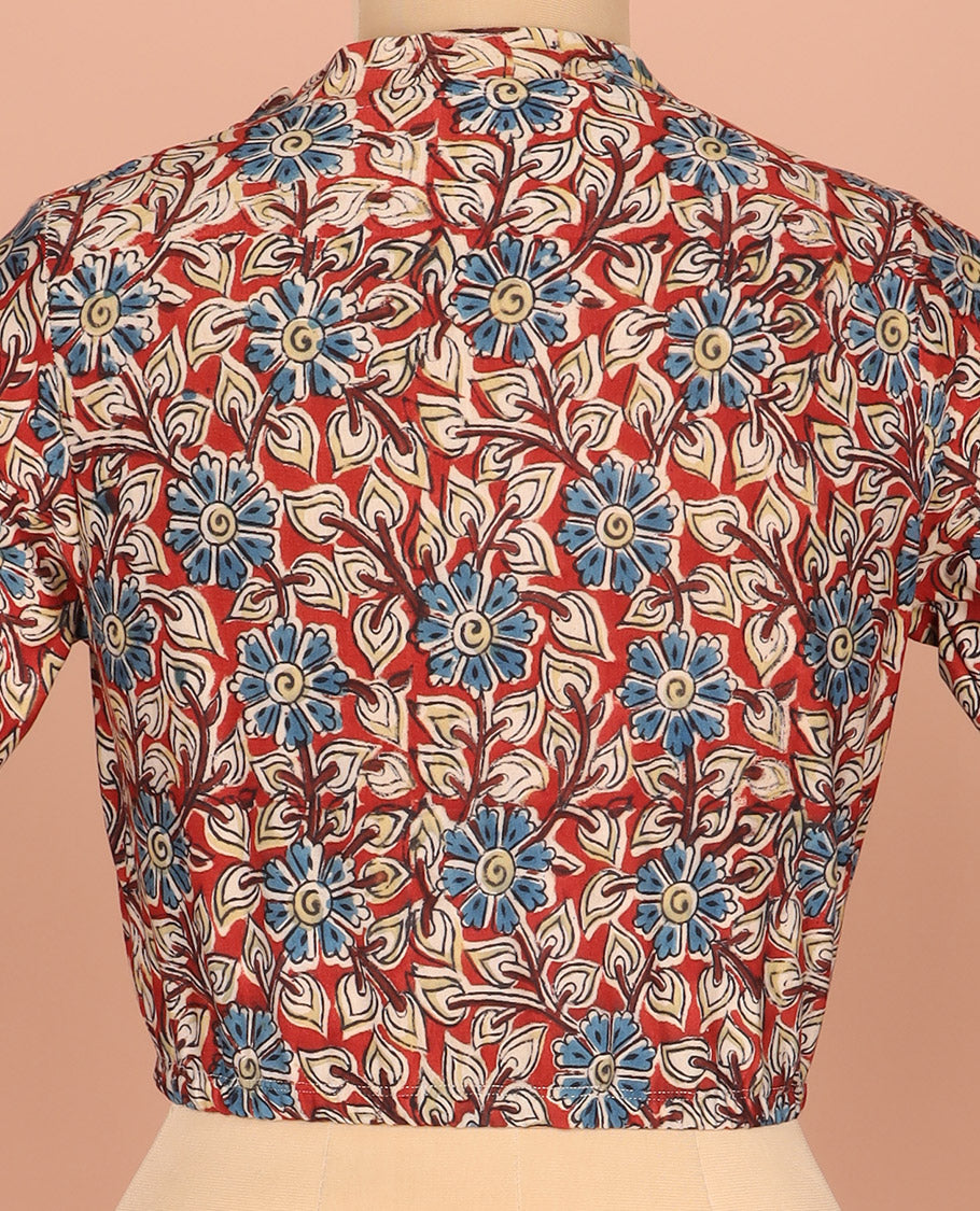 Red Readymade Blouse Gracefully Printed with Floral Motifs, Featuring a Front V-Neck, a Back Closed Neck, and Full Sleeves
