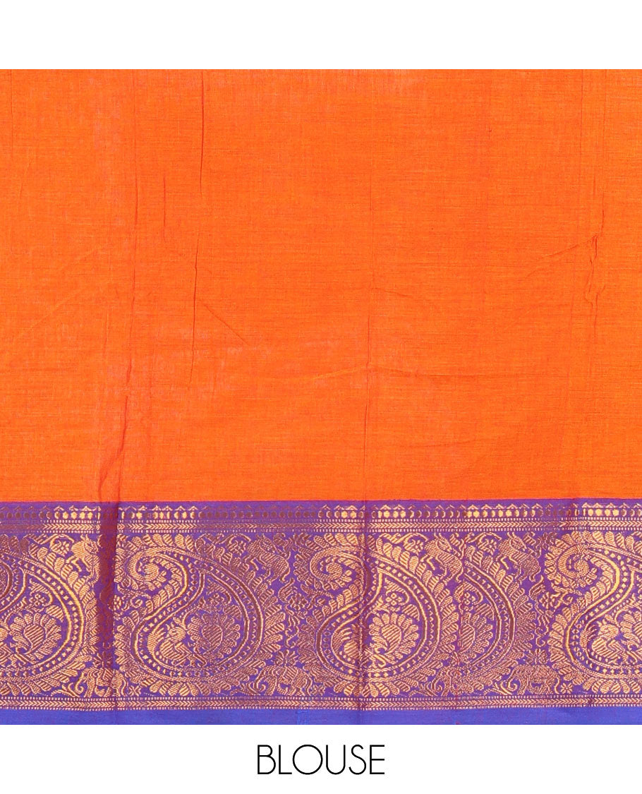 Orange plain design mercerised cotton saree, contrast traditional peacock enclosed manga border, striped pallu & matching blouse