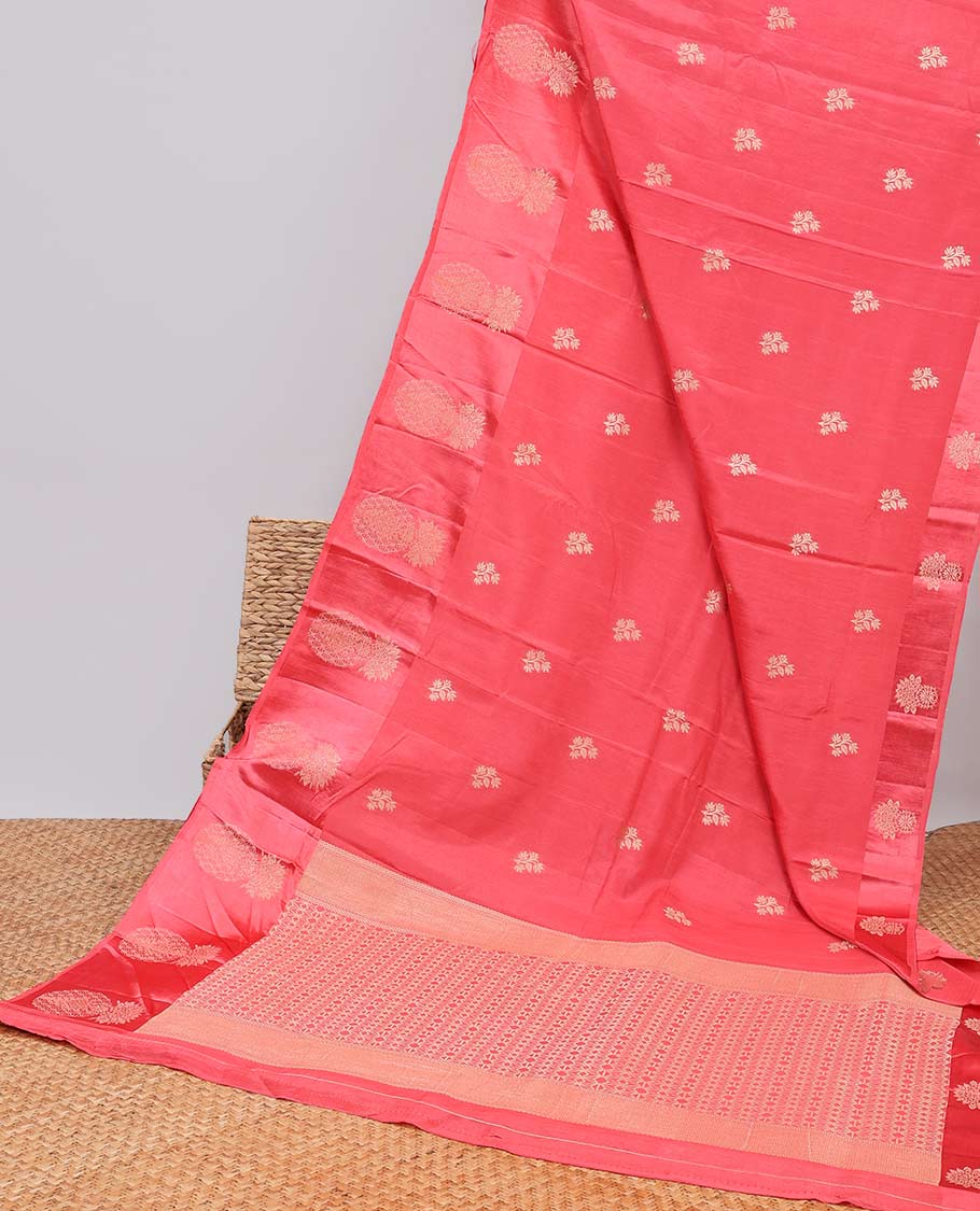 Red floral motifs mushru silk saree with self floral design border & intricate striped design pallu