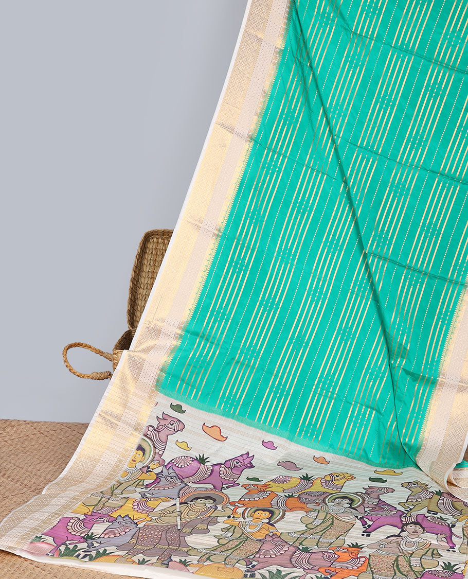 Green striped art mysore silk saree with contrast zari design border & pichwai theme design pallu