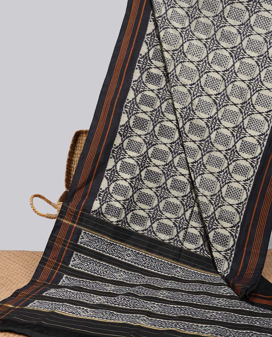 Grey ogee design ikkat silk saree with contrast striped border & striped, intricate design pallu